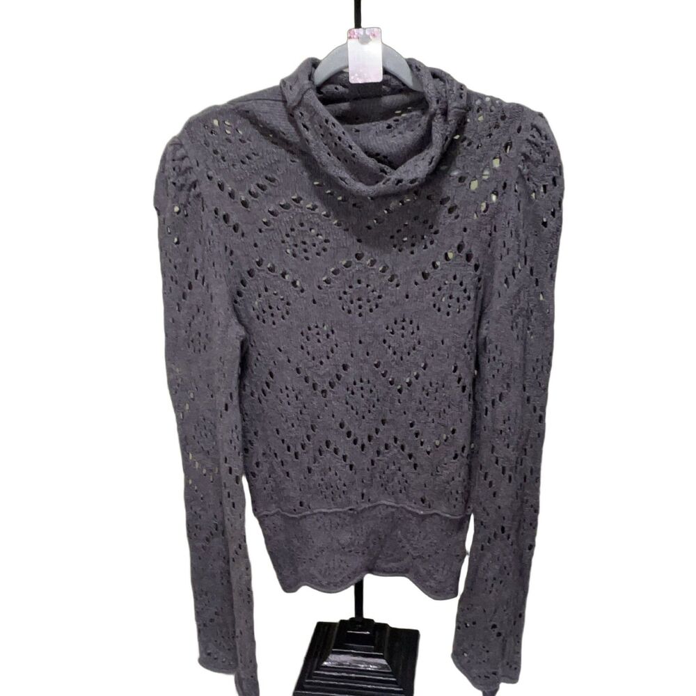 Free People Gray Cowl Neck Sweater XS Geometric Knit Long Sleeve Stretch